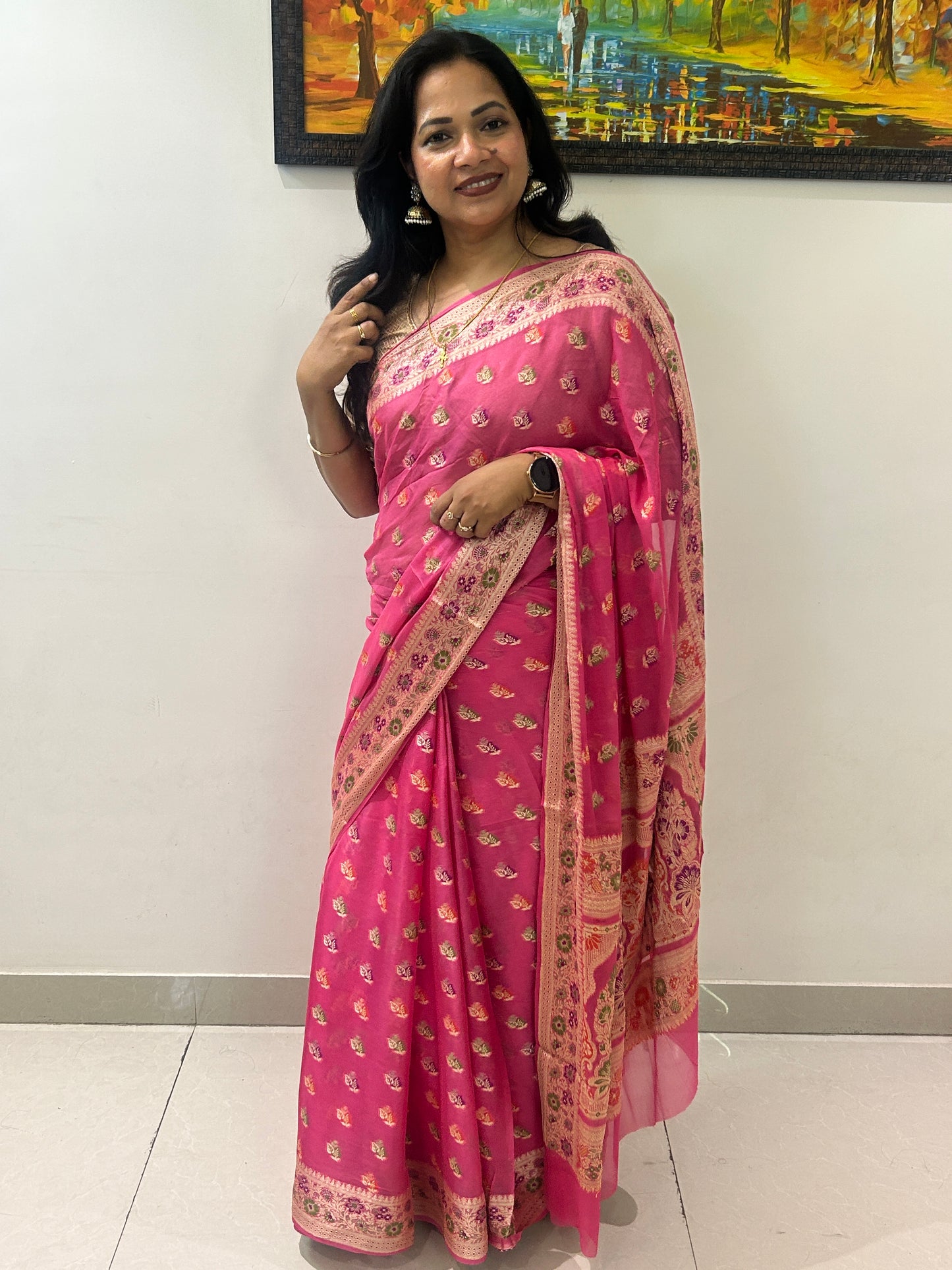 Authentic Handloom Pure Khaddi Georgette Banarasi Saree – Candy Pink with Meenakari Floral Border