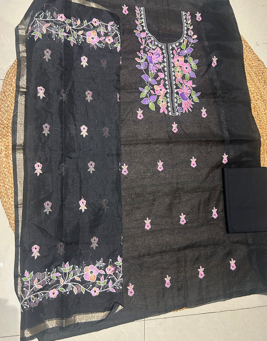 Black Floral Embroidered Mix Cotton Kota Doria 3-Piece Suit Set