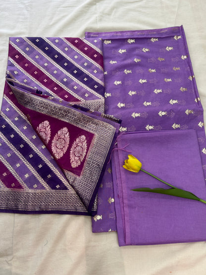 Lavender and Purple silver butti banarasi 3 piece set with diagonal striped dupatta