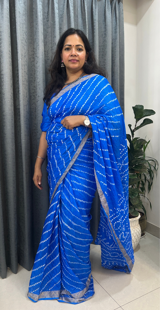 Electric blue Bandhani Saree with Lehariya pattern and  Zari Border SB189