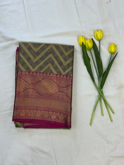 Charcoal grey and deep pink border with Antique Gold Zari Linen Tissue Banarasi saree with Brocade blouse piece