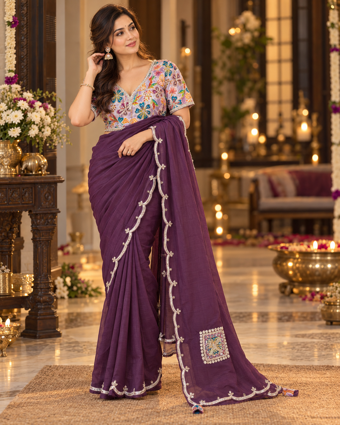 Dusty purple  color designer party wear Saree with Floral multi color handwork designer ready made blouse  - SPW184