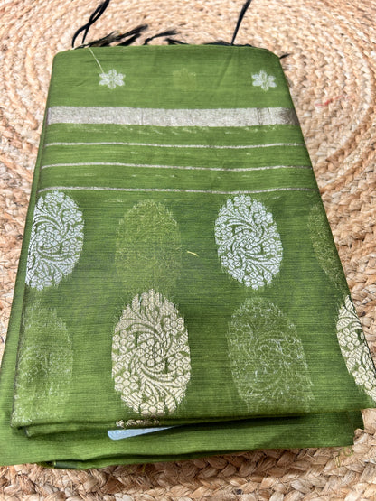 Olive Green Cotton Silk  Banarasi 3-Piece Suit Material