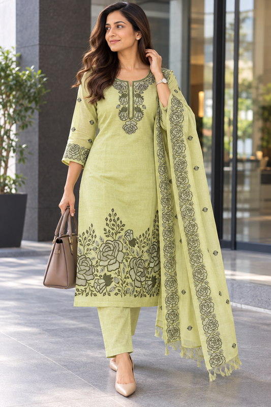 Pastel Pistachio Green Floral Mulcotton 3-Piece Suit Set