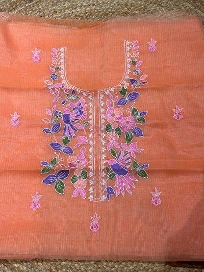 Peach Orange Floral Embroidered Mix Cotton Kota Doria 3-Piece Suit Set