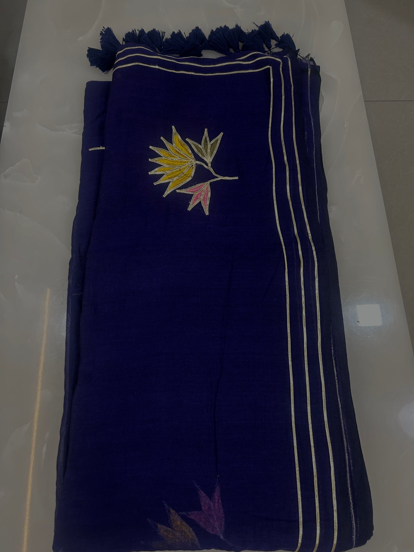 Deep Navy royal blue Mulcotton saree with Gottapatti embroidery work