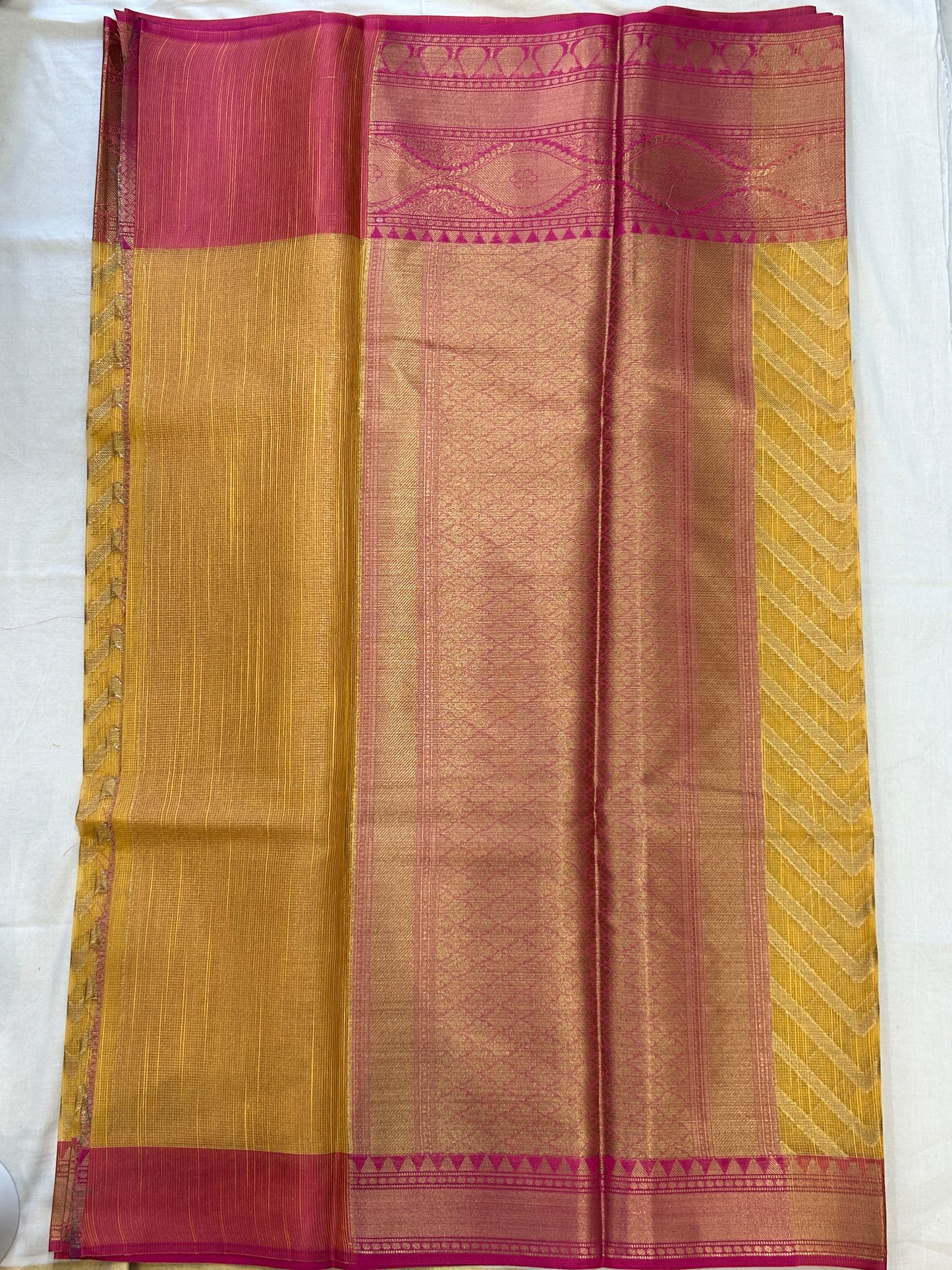 Mustard Yellow with Rani Pink border with Antique Gold Zari Linen Tissue Banarasi saree with Brocade blouse piece
