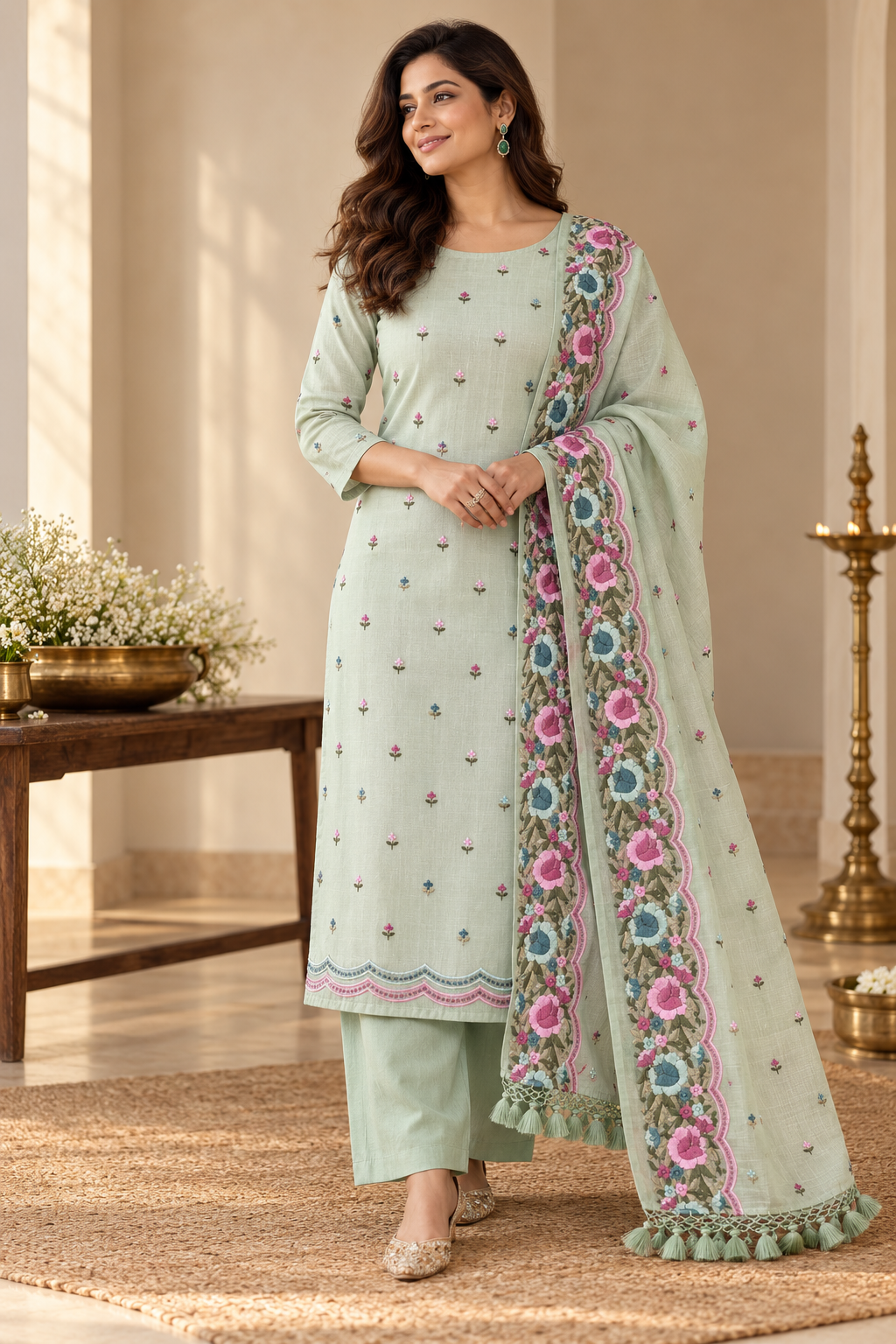 Pastel Green Pure Mul Tissue Parsi Embroidery Dress Material