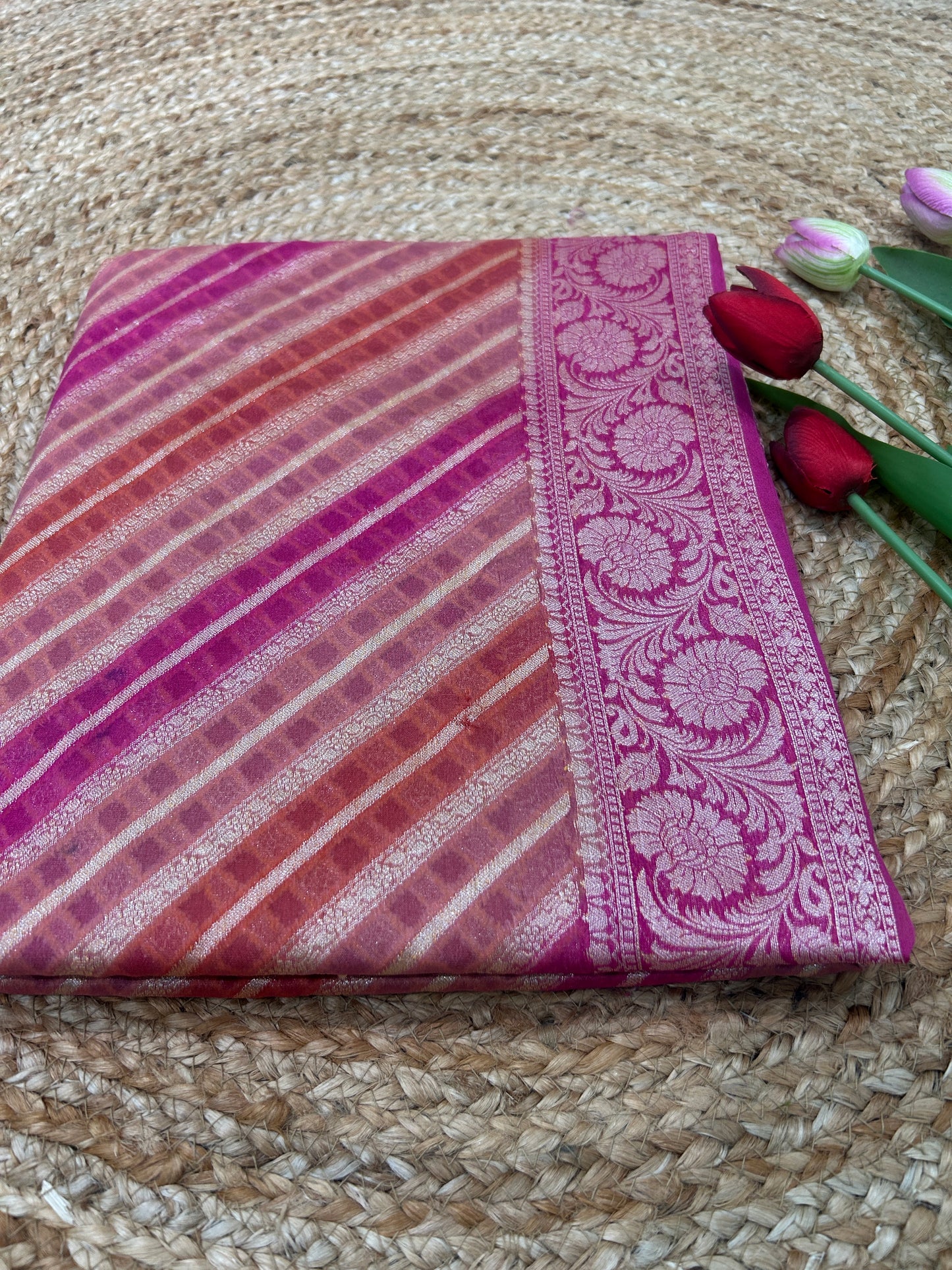 Authentic Handloom Magenta Pink Pure Georgette Khaddi weaving  Saree