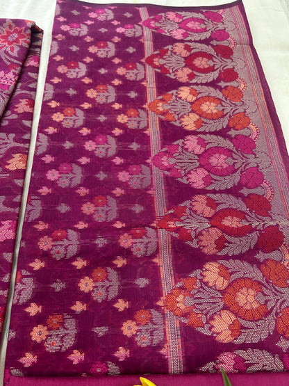 Handwoven deep Magenta Cotton silk Unstitched Banarasi Suit Set with Resham Weaving