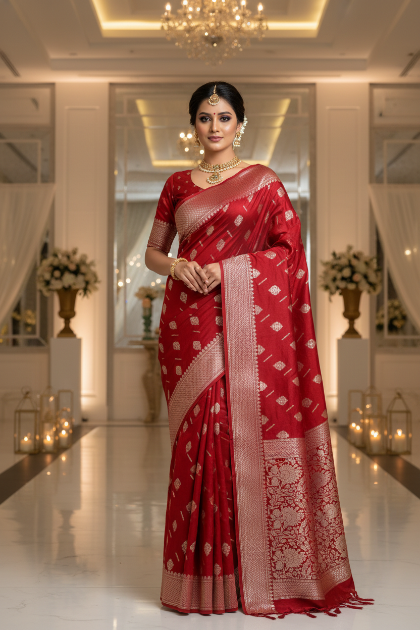Red color Dupion Silk Handloom Banarasi Saree