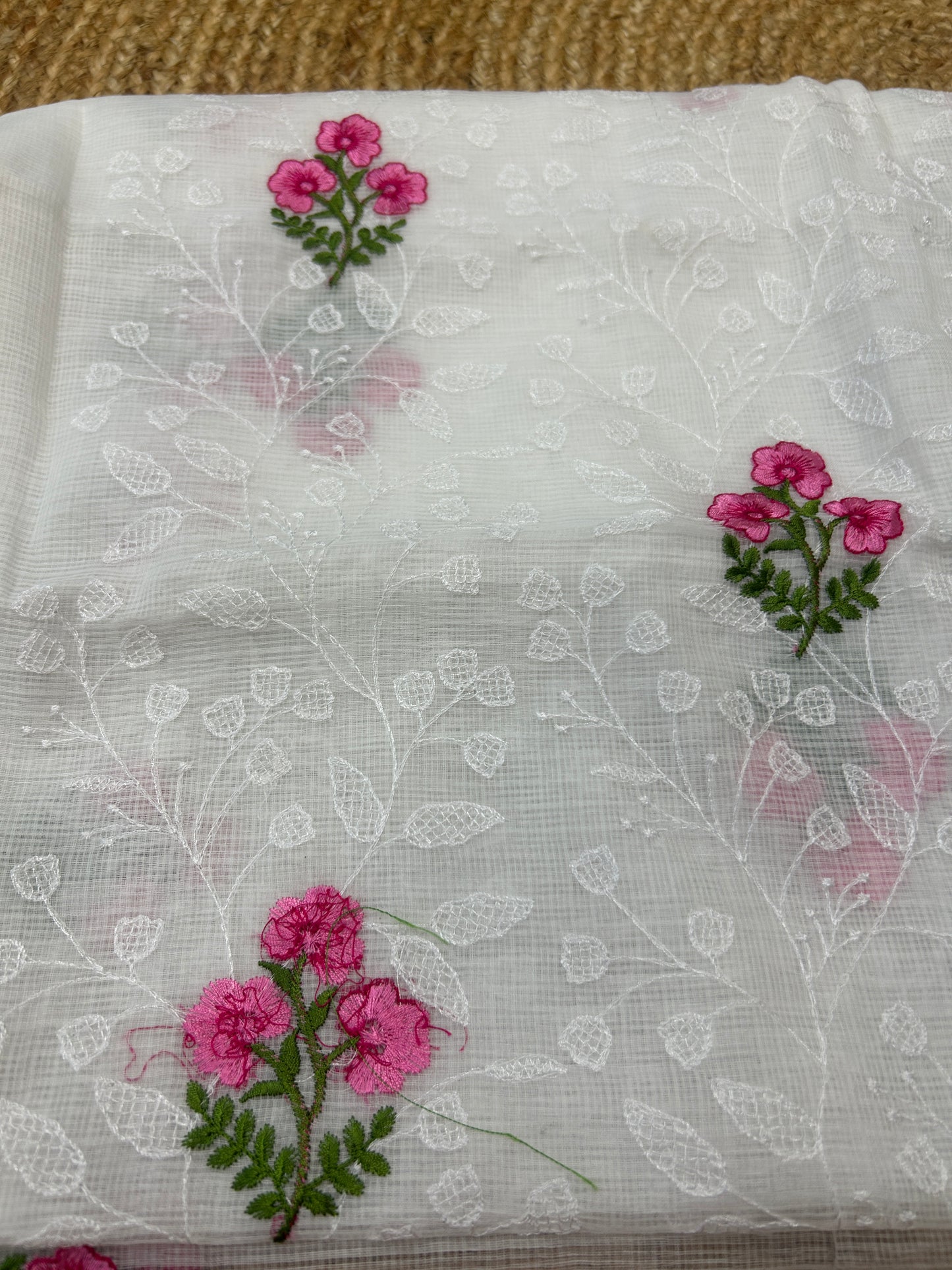 White and pink Embroidered Mix Cotton Kota Doria 3-Piece Dress Material