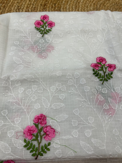 White and pink Embroidered Mix Cotton Kota Doria 3-Piece Dress Material