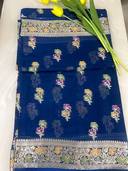 Authentic Handloom Pure Khaddi Georgette Banarasi Saree – Midnight Navy Blue with Meenakari Weaving