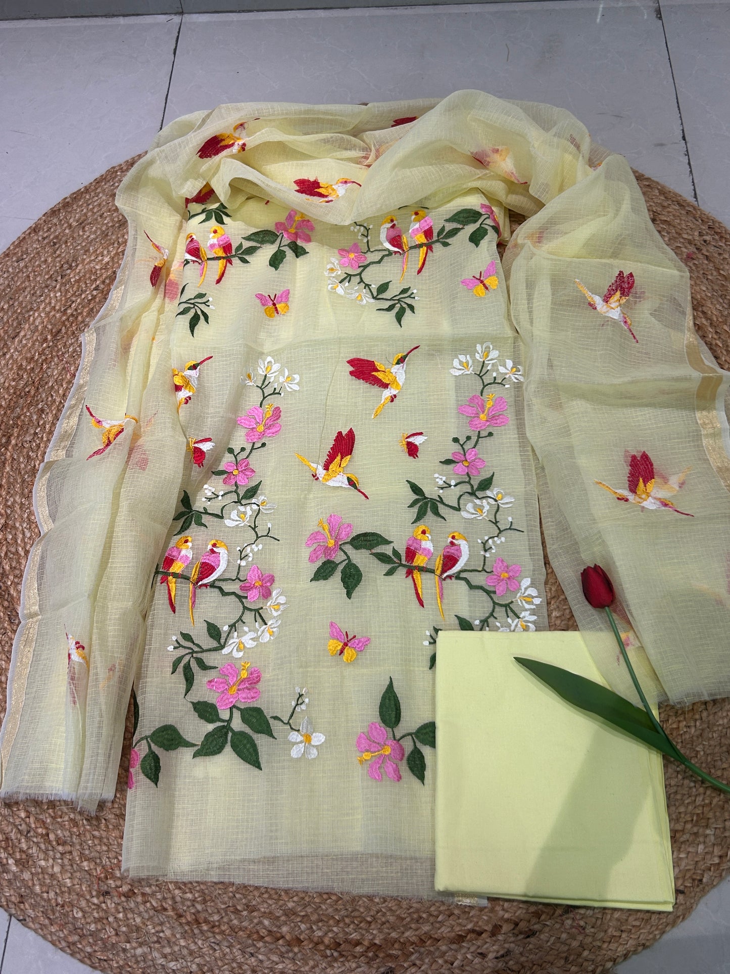 Lime yellow Embroidered Mix Cotton Kota Doria 3-Piece Dress Material