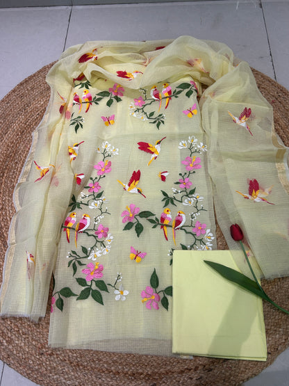 Lime yellow Embroidered Mix Cotton Kota Doria 3-Piece Dress Material