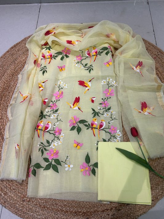 Lime yellow Embroidered Mix Cotton Kota Doria 3-Piece Dress Material