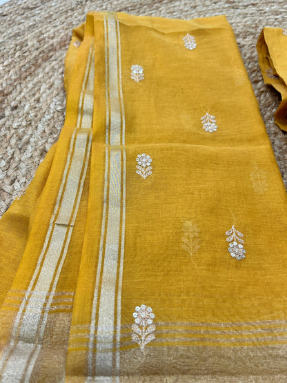 Mustard Yellow Pure Mulcotton Zari Embroidered 3-Piece Dress Material