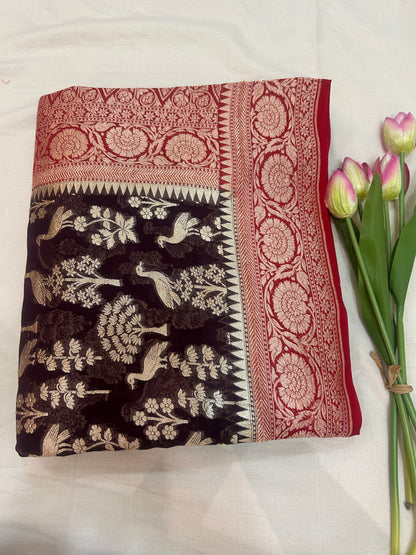 Dark coffee brown Handwoven Handloom Khaddi Georgette Banarasi Saree with contrast red blouse