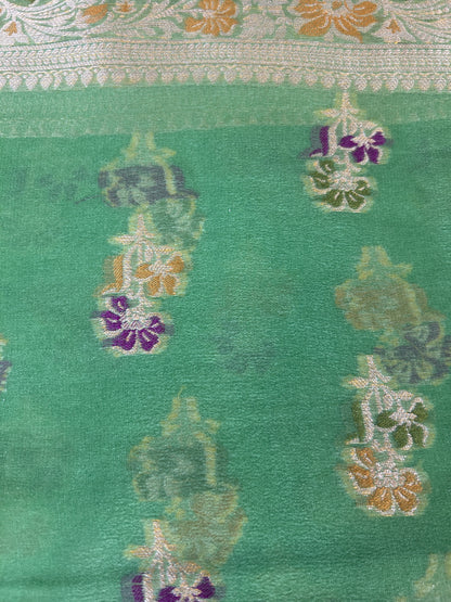 Authentic Handloom Pure Khaddi Georgette Banarasi Saree – Mint Green with Meenakari Weaving