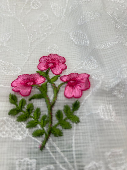 White and pink Embroidered Mix Cotton Kota Doria 3-Piece Dress Material