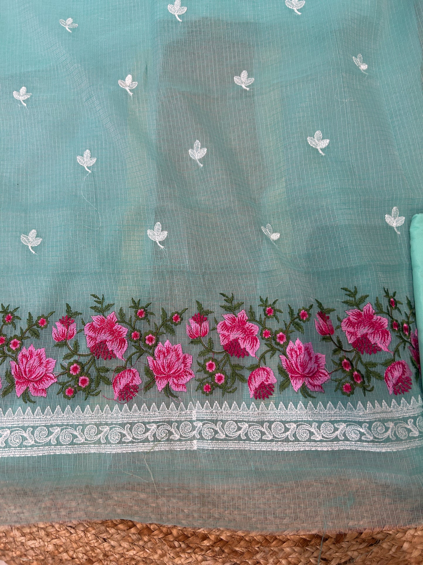 Aqua Blue Floral Embroidered Mix-Cotton Unstitched Suit Set