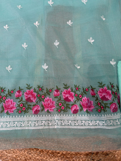 Aqua Blue Floral Embroidered Mix-Cotton Unstitched Suit Set
