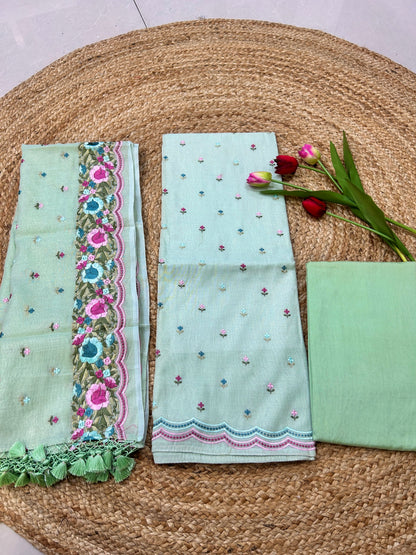 Pastel Green Pure Mul Tissue Parsi Embroidery Dress Material
