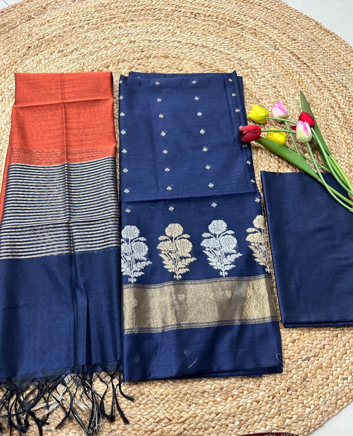 Navy Blue and Rust Orange Cotton Silk  Banarasi 3-Piece Suit Material