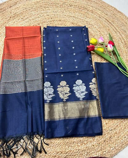 Navy Blue and Rust Orange Cotton Silk  Banarasi 3-Piece Suit Material