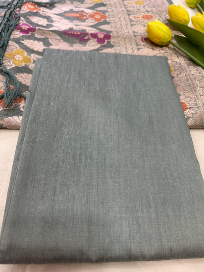 Dusty Teal Cotton double Zari  Banarasi 3 piece set