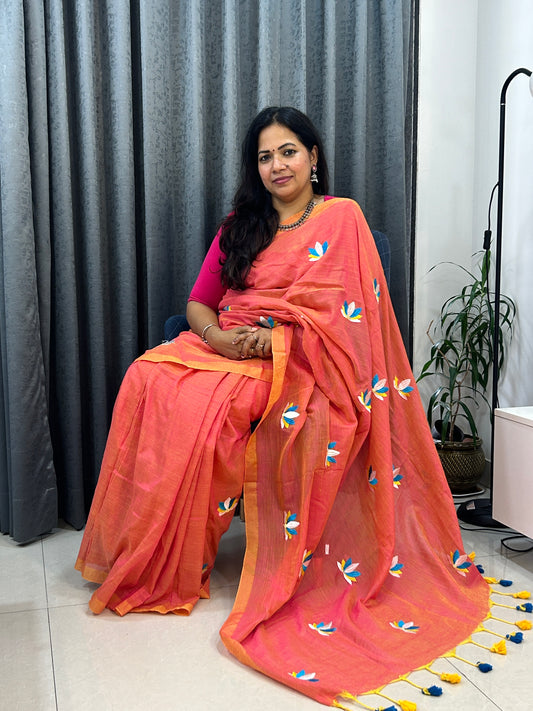 Coral Peach color Mulcotton saree with multicolor embroidery butta SMC241