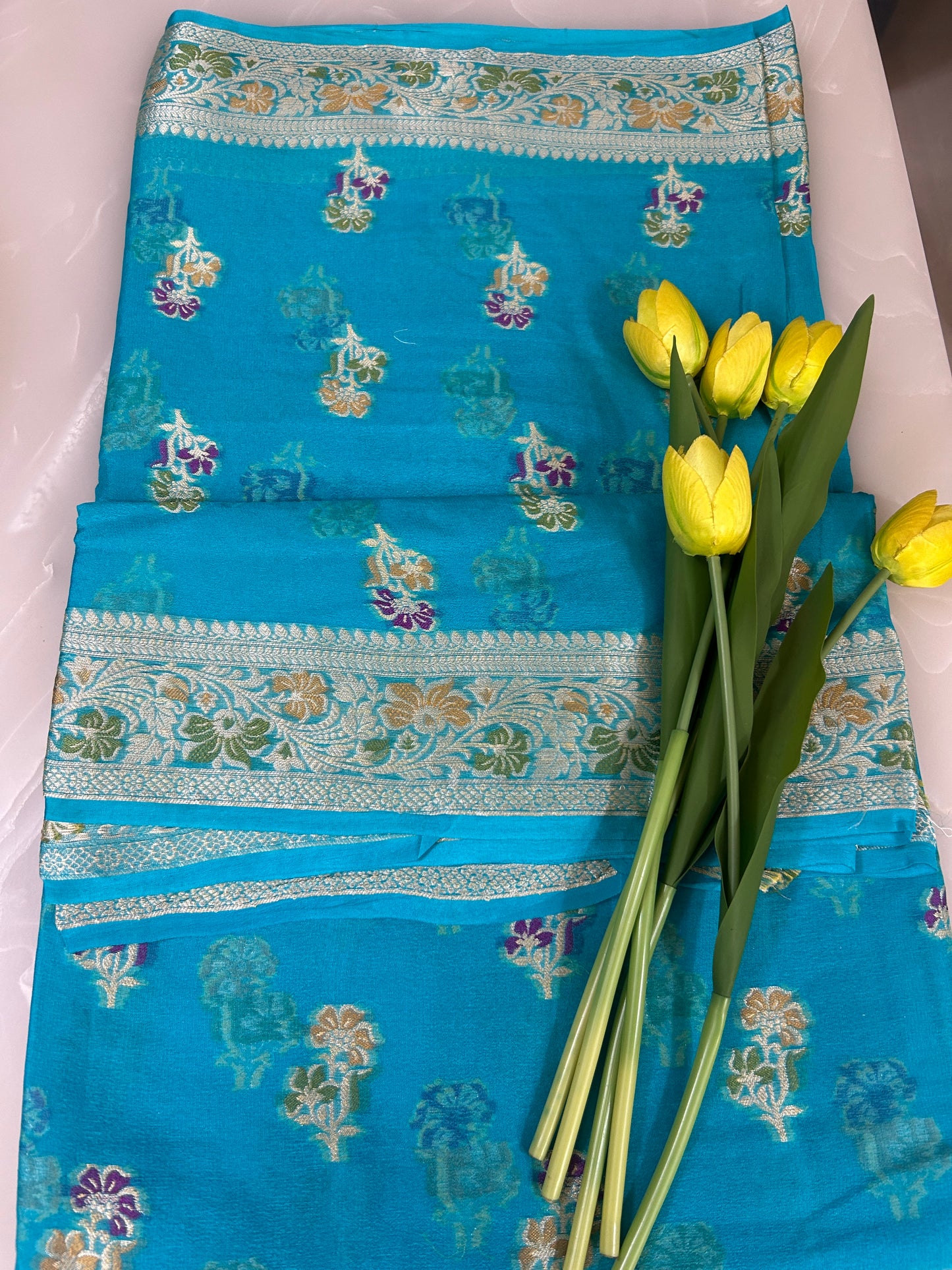 Authentic Handloom Pure Khaddi Georgette Banarasi Saree – Turquoise Blue with Meenakari Weaving