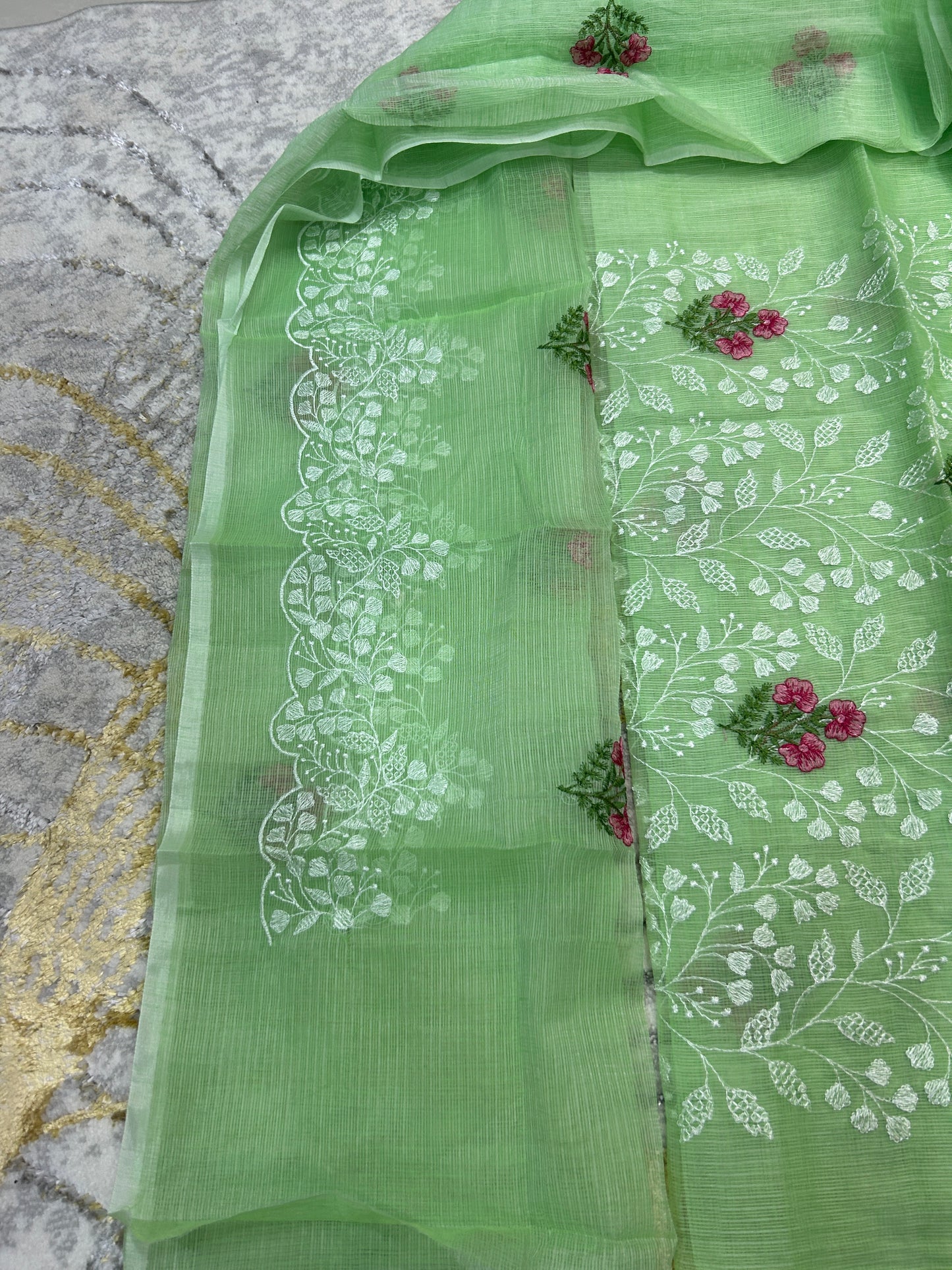 Parrot Green color Embroidered Kota Doria 3 piece unstitched Dress Material