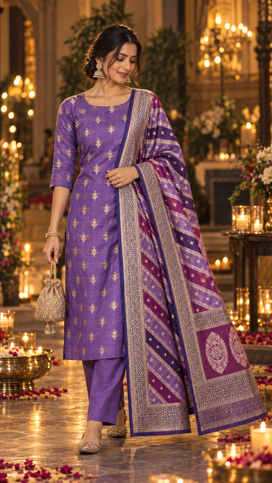 Lavender and Purple silver butti banarasi 3 piece suit set with diagonal striped dupatta
