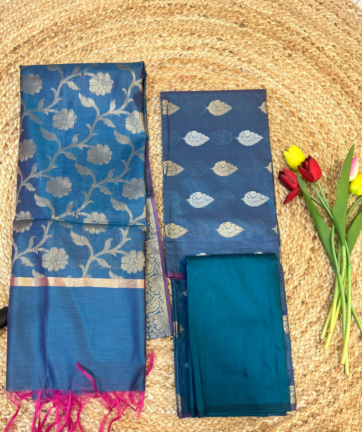 Peacock Blue Cotton Silk  Banarasi 3-Piece Suit Material