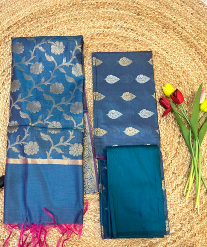 Peacock Blue Cotton Silk  Banarasi 3-Piece Suit Material