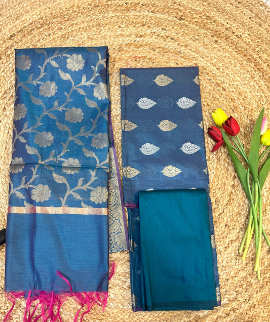 Peacock Blue Cotton Silk  Banarasi 3-Piece Suit Material