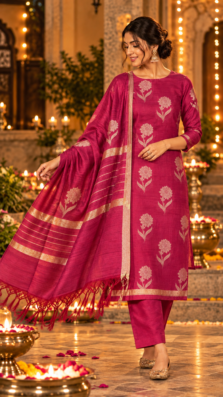 Magenta Pink Chandheri  cotton Banarasi 3-Piece Suit Material