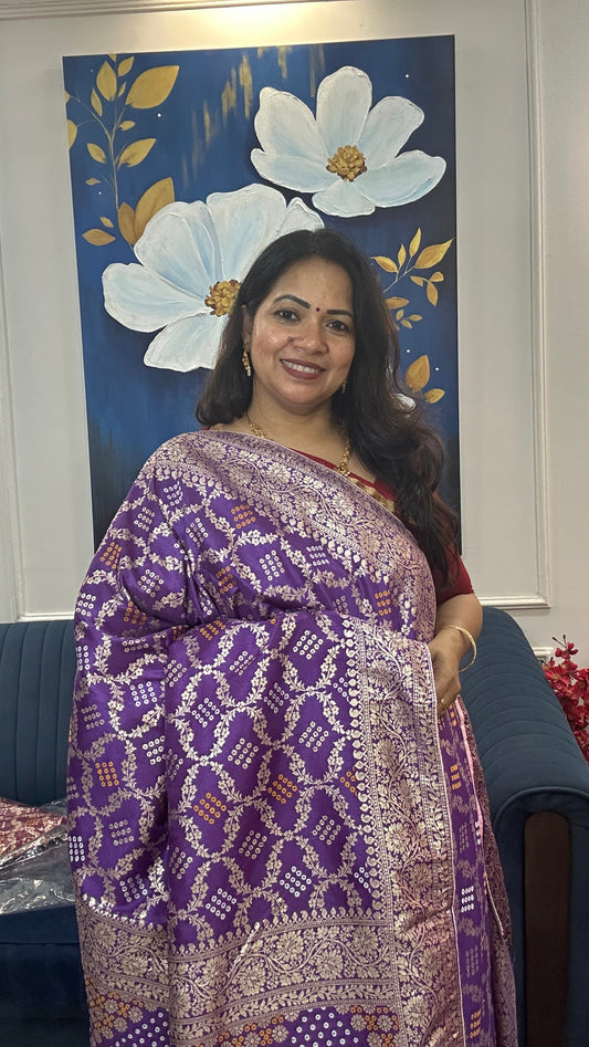 Royal Purple Bandhej Banarasi saree with blouse piece SB198