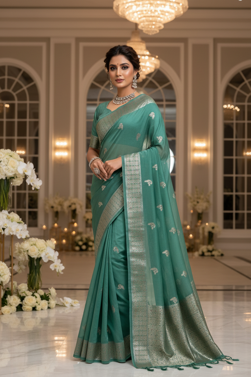 Pastel green color Dupion Silk Handloom Banarasi Saree