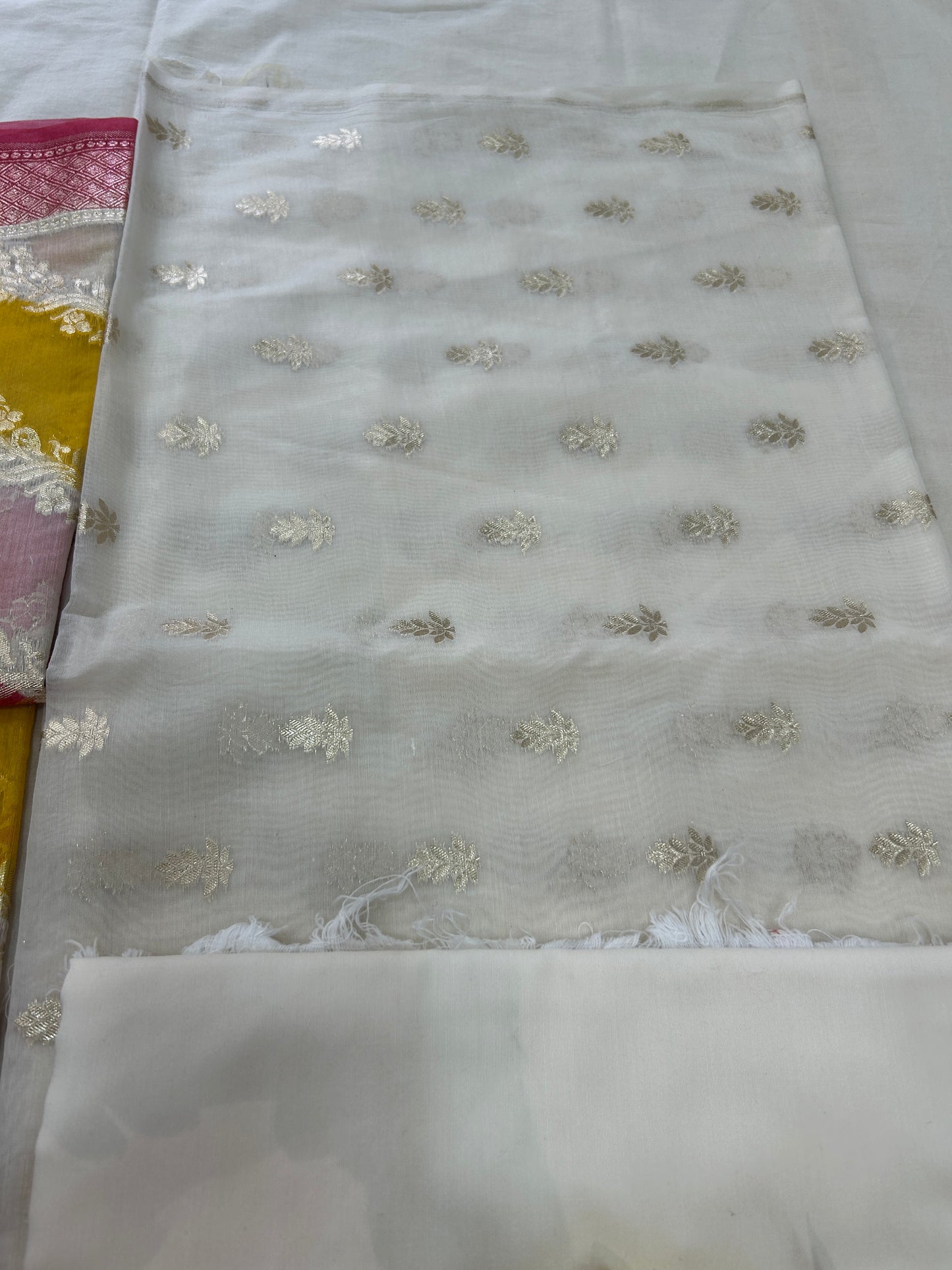 White and Pink golden butti banarasi 3 piece set with diagonal striped dupatta