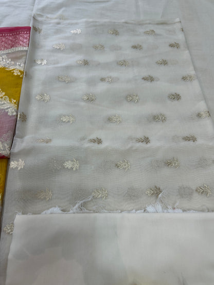 White and Pink golden butti banarasi 3 piece set with diagonal striped dupatta