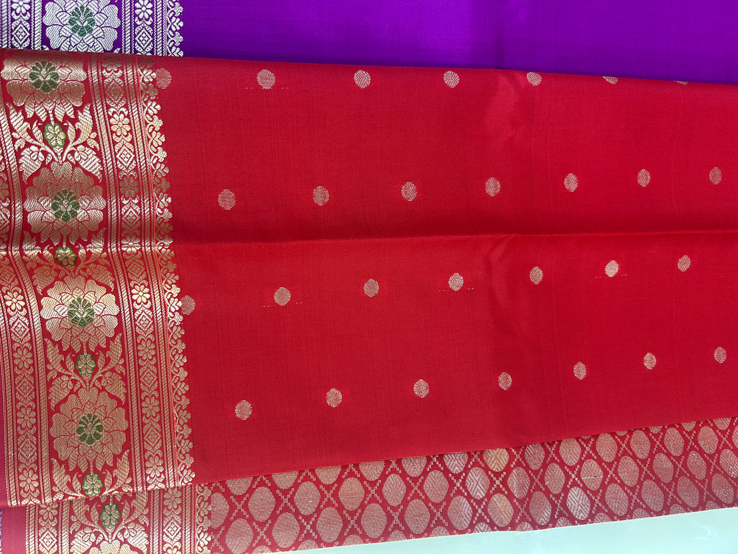 Purple Katan Semi Silk Banarasi Saree with Contrast Red Brocade Pallu and Blouse Piece SSB223