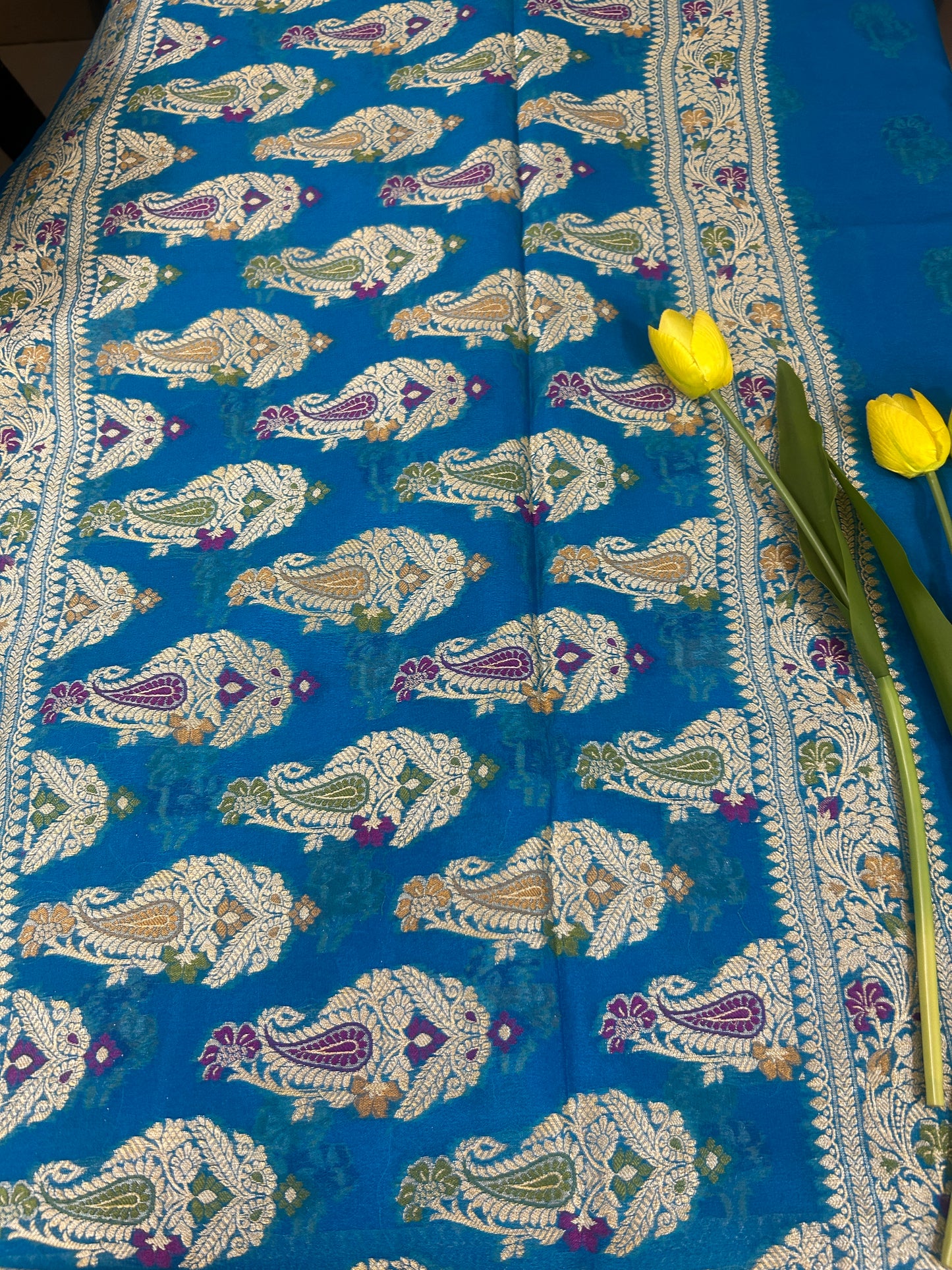 Authentic Handloom Pure Khaddi Georgette Banarasi Saree – Royal Blue with Meenakari Weaving