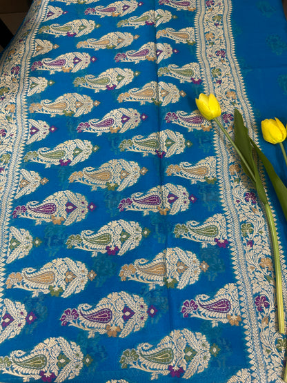 Authentic Handloom Pure Khaddi Georgette Banarasi Saree – Royal Blue with Meenakari Weaving
