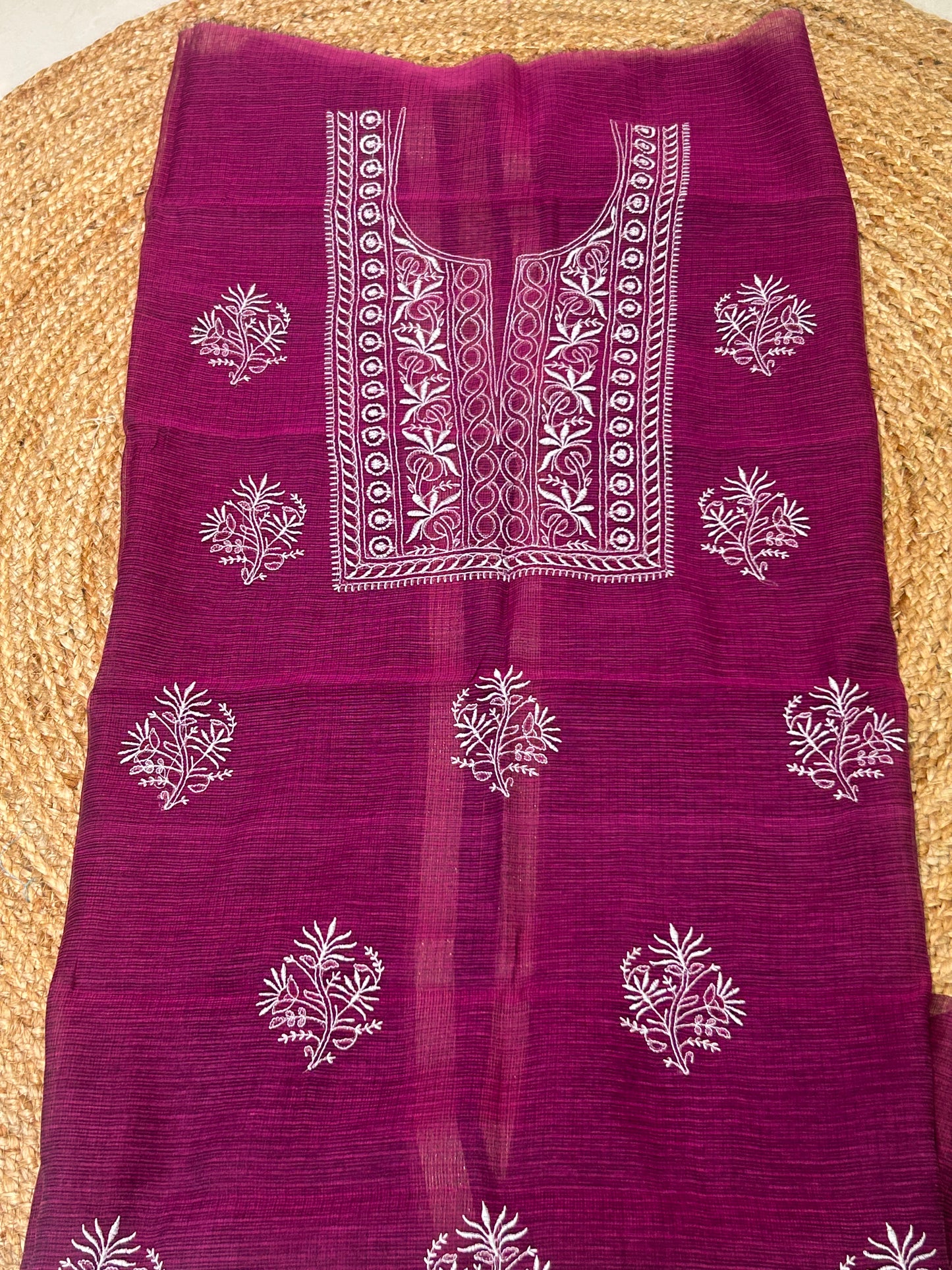 Wine Mixed Cotton Kota Doria Unstitched Suit Set