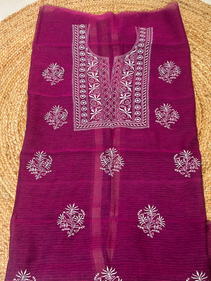 Wine Mixed Cotton Kota Doria Unstitched Suit Set