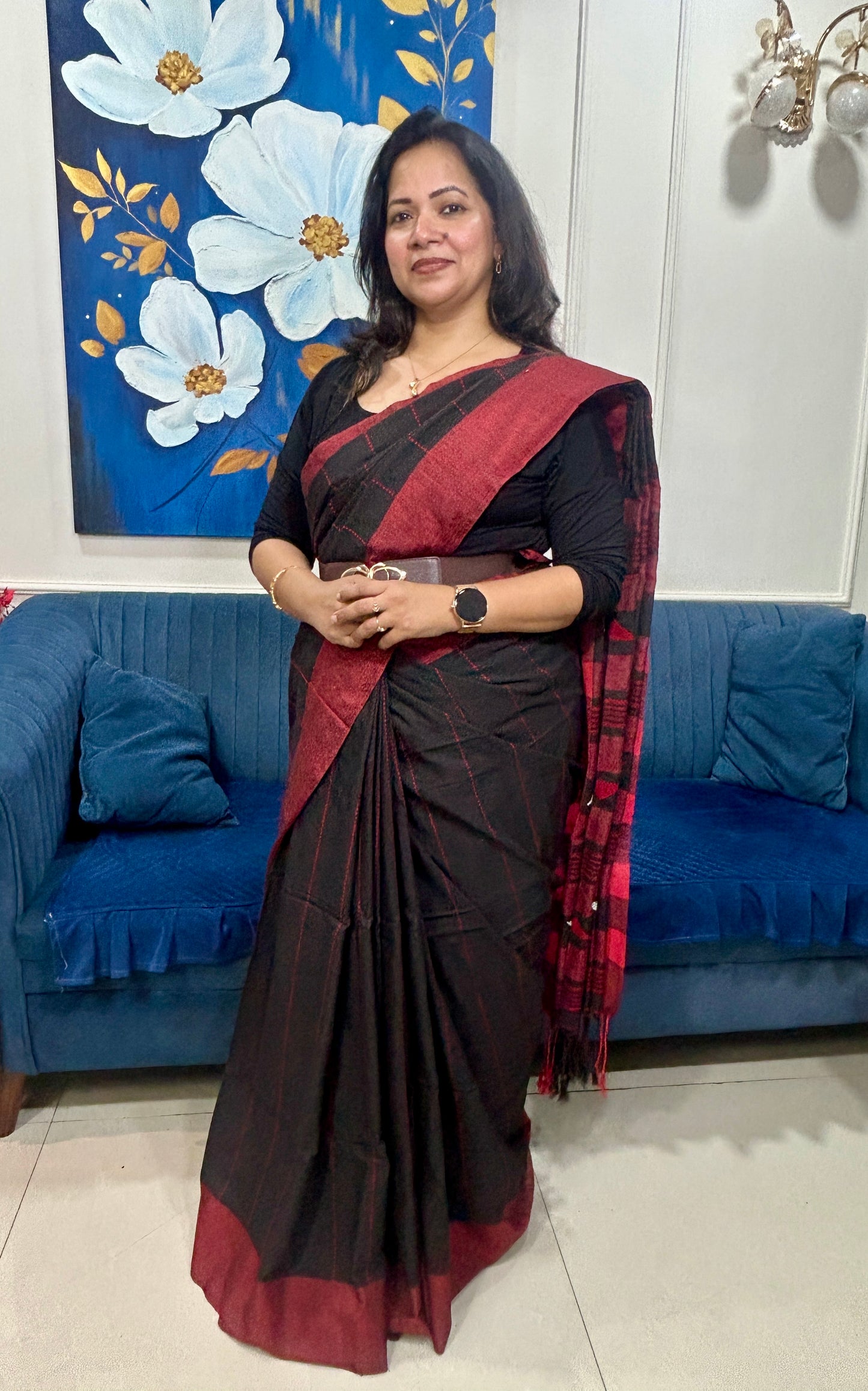 Red and Black Khadi cotton Pure Handloom Saree with Blouse piece SKC12