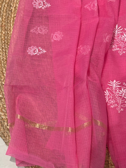 Rani Pink Mixed Cotton Kota Doria Unstitched Suit Set